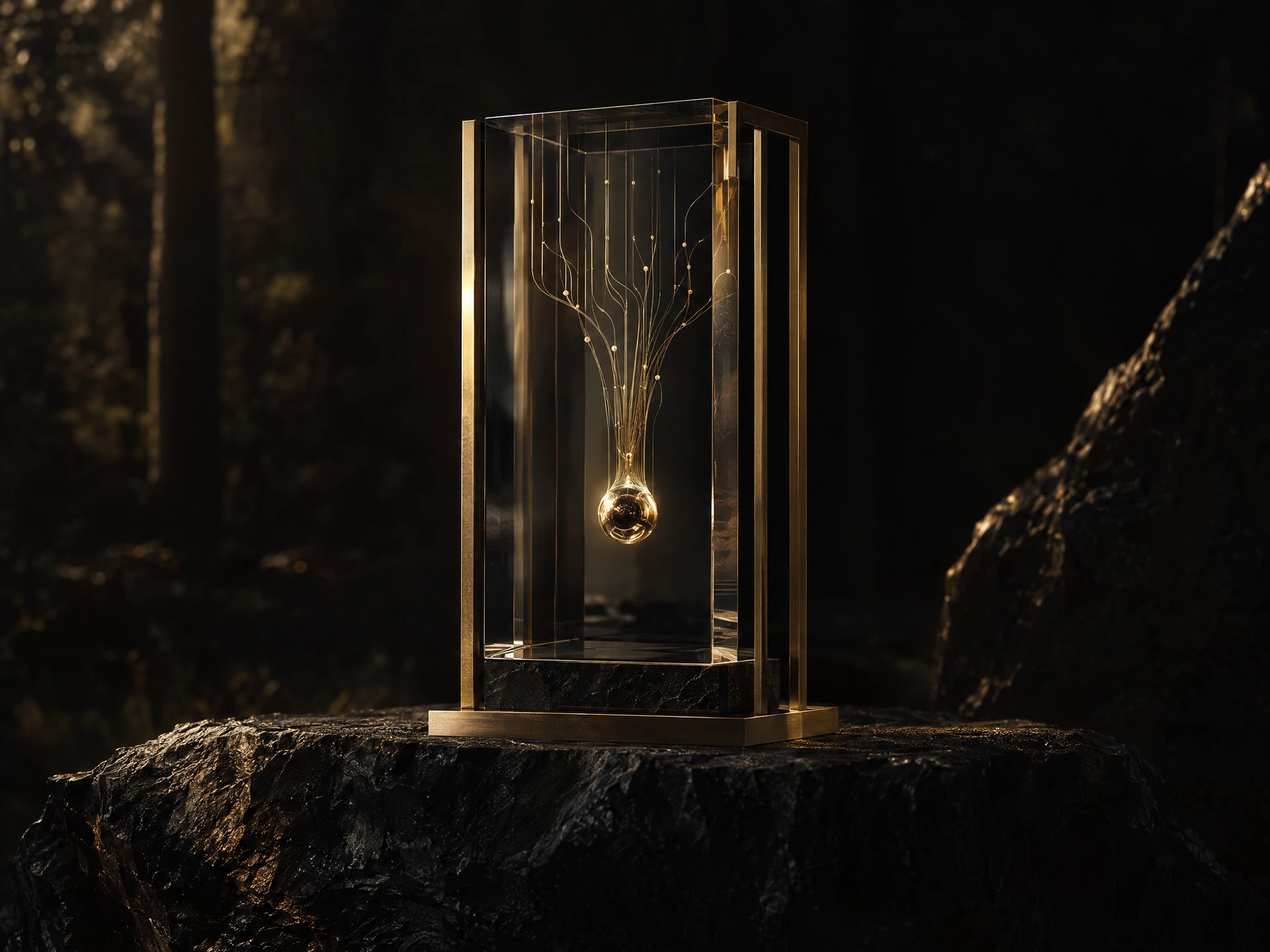 Glass chamber containing a glowing gold sphere in a dark forest